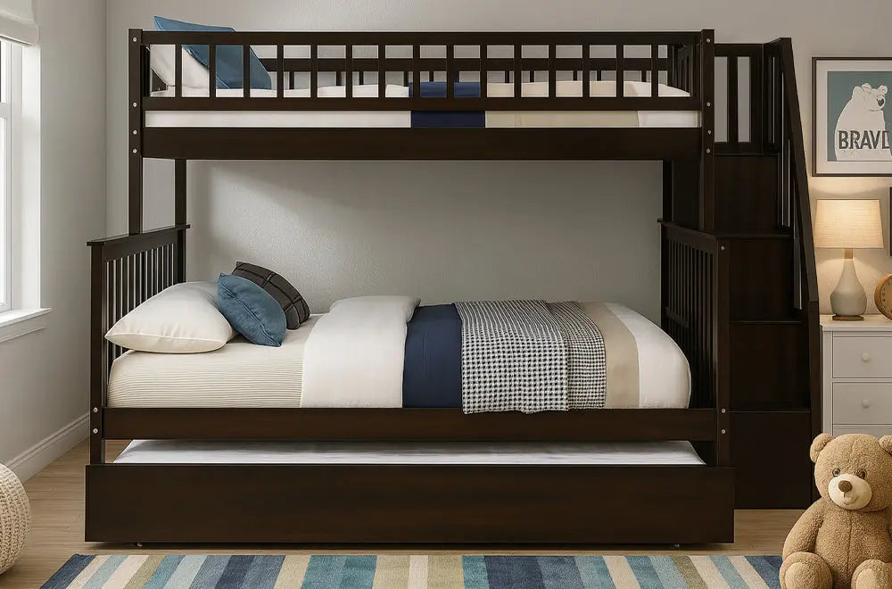 Modern Espresso Twin Over Full Bunk Bed with Trundle and Storage Stairs Meuble Divino