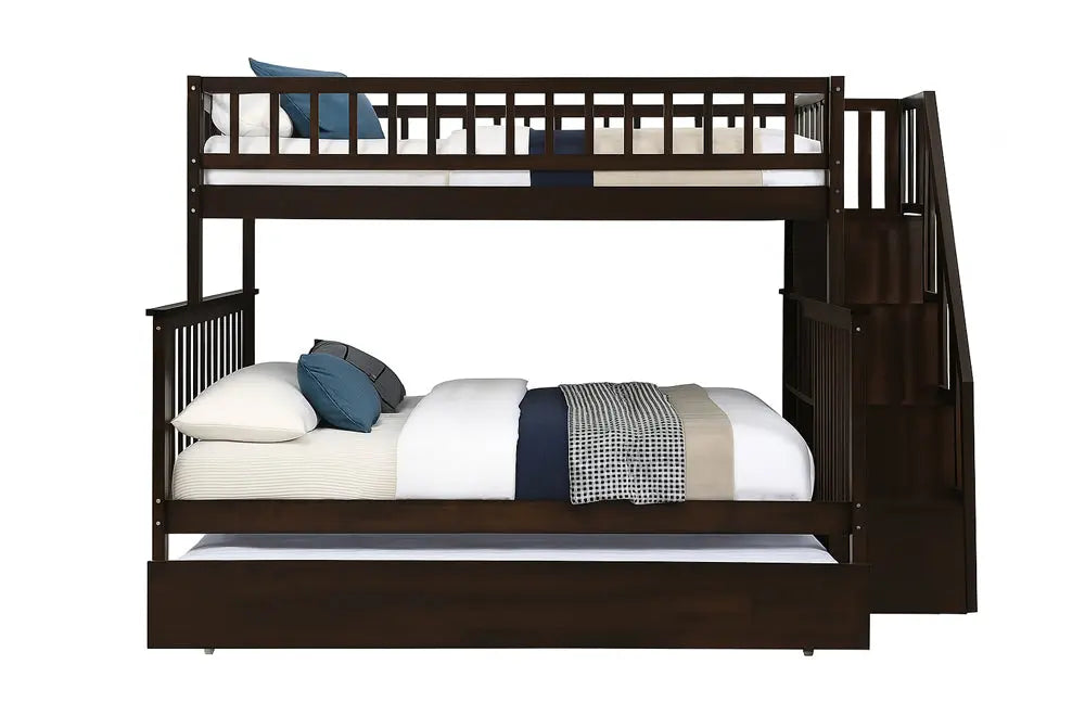 Modern Espresso Twin Over Full Bunk Bed with Trundle and Storage Stairs Meuble Divino