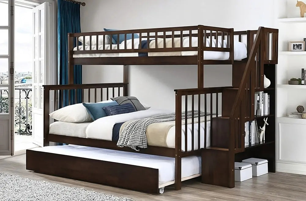 Modern Espresso Twin Over Full Bunk Bed with Trundle and Storage Stairs Meuble Divino