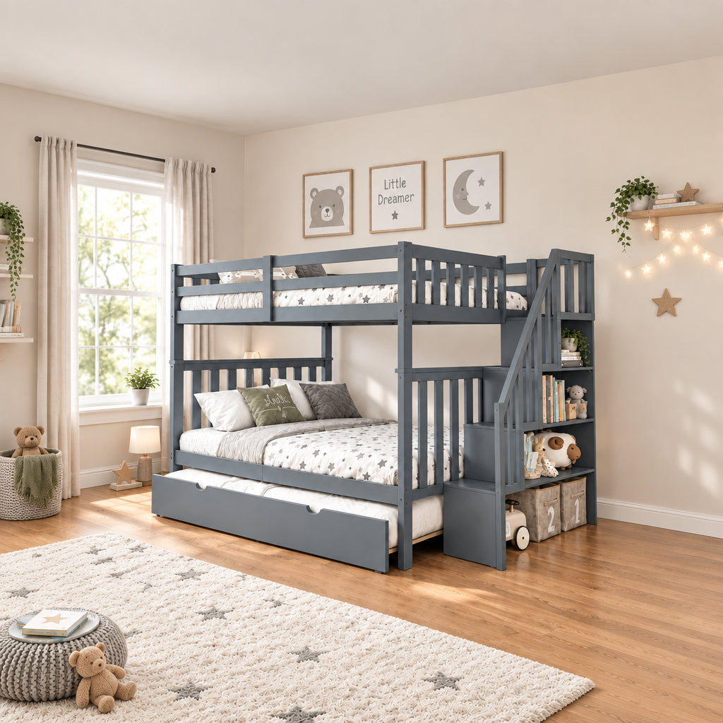 Meuble Divino double over double bunk bed with trundle and storage staircase, featuring sturdy wood construction and safety rails.