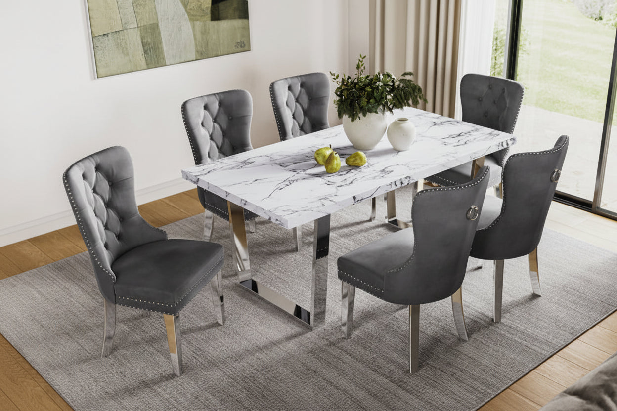 Modern concrete look dining set with six velvet chairs and a sleek table, stylish 7-piece dining furniture by MTL Meubles et Matelas