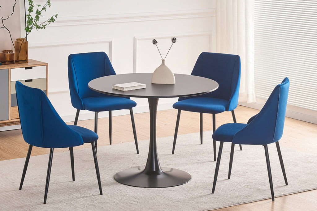 Round black wood veneer dining table by Meuble Divino, showing polished surface and sleek black finish.