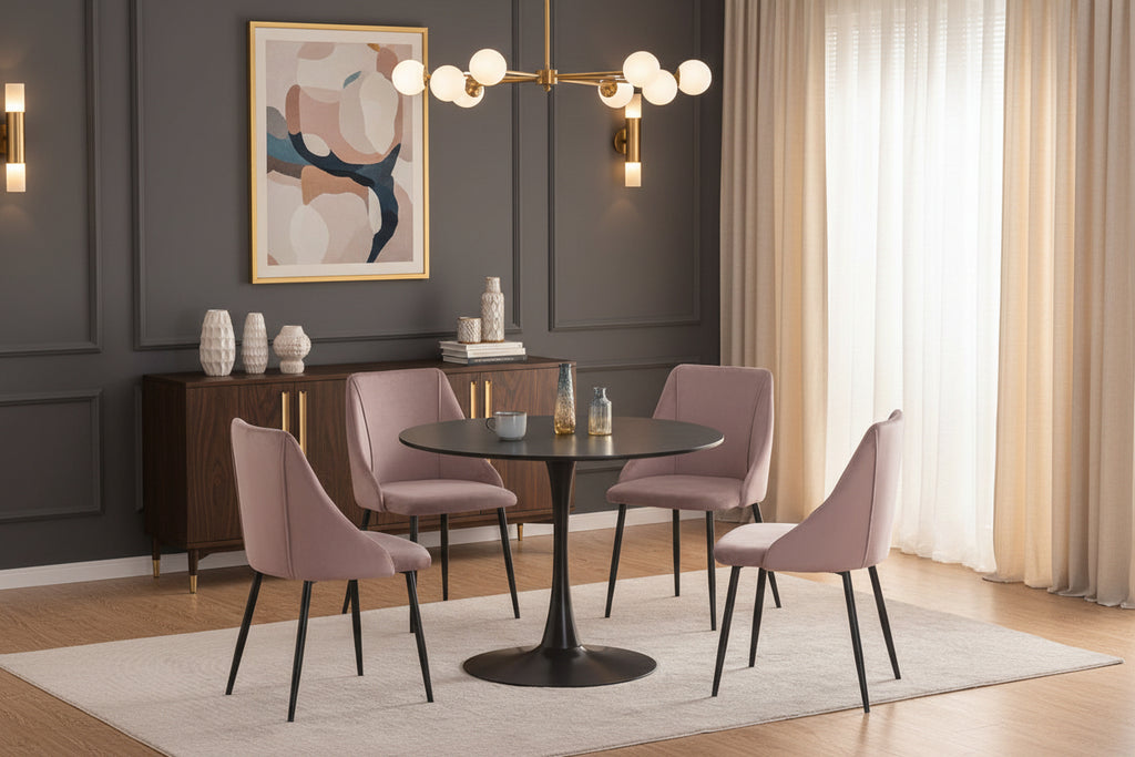 Round black wood veneer dining table by Meuble Divino, showcasing smooth surface and modern design for elegant dining spaces.