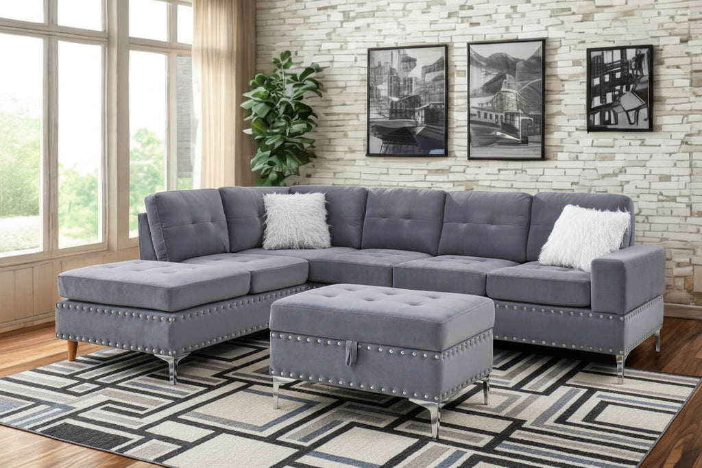 Grey velvet sectional with storage ottoman