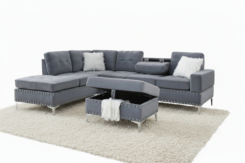 Grey velvet sectional with storage ottoman