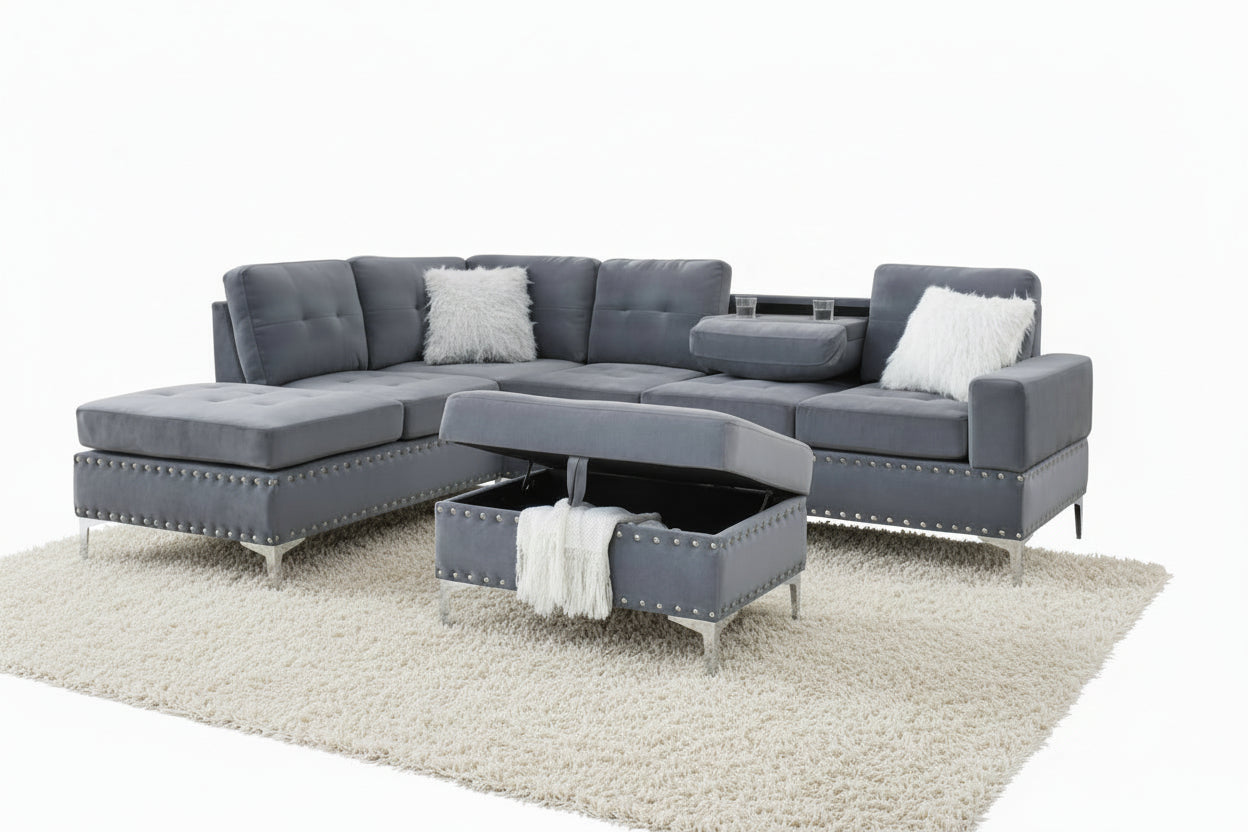 Grey velvet sectional with storage ottoman