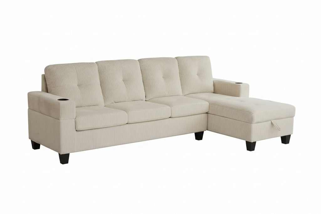 4-seater corduroy sofa with storage from MTL meubles et Matelas, featuring plush fabric and practical built-in storage compartments.