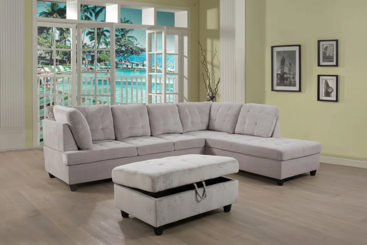 Light grey sectional with ottoman