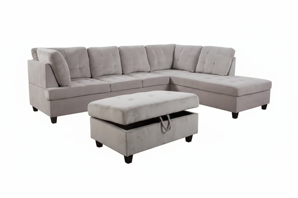 Light grey sectional with ottoman
