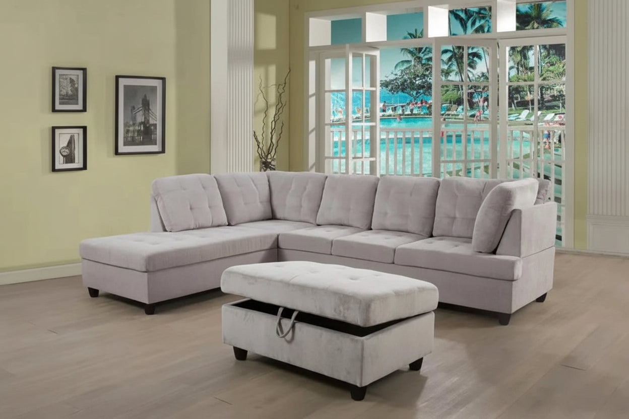 Light grey sectional with ottoman