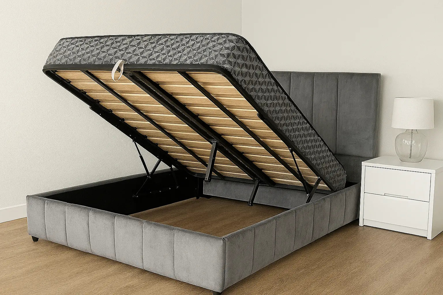 Luna Deluxe Velvet Storage King Bed – Grey MTL meubles et Matelas