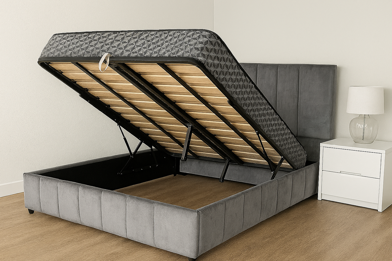 Luna Deluxe Velvet Storage Queen Bed – Grey