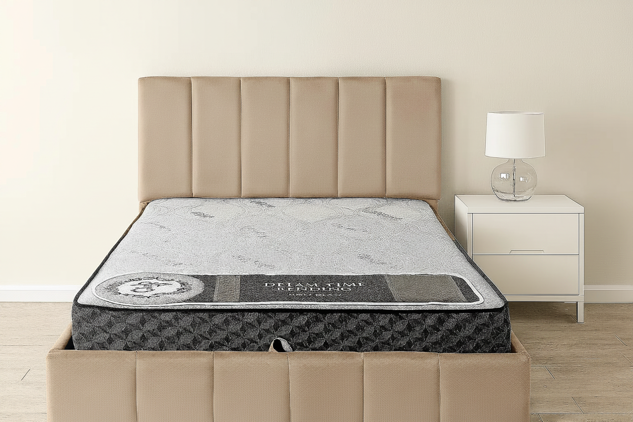 Lit king size Luna Deluxe en velours avec rangement – Beige