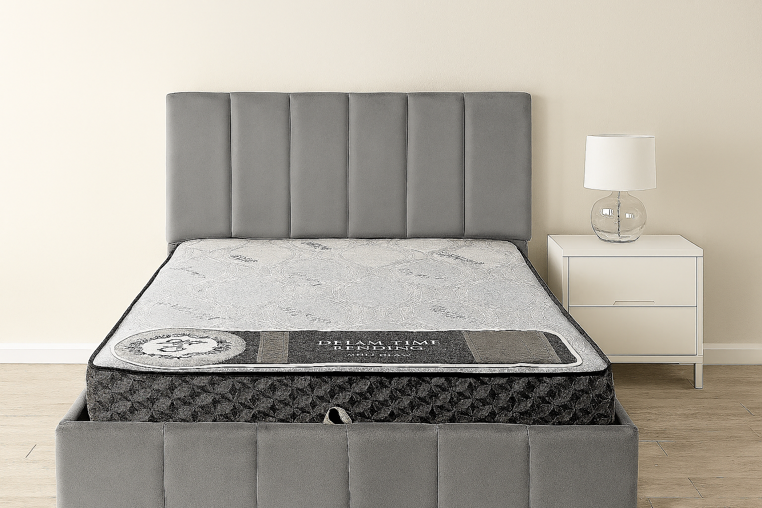 King et queen grey velvet storage bed with tall headboard and lift-up base