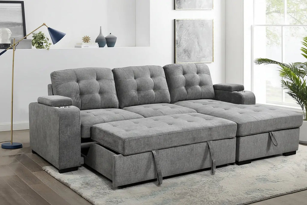 Modern Meuble Divino RHF Convertible Sectional Sofa Bed with storage and cup holders, showcasing its sleek design and versatile features.