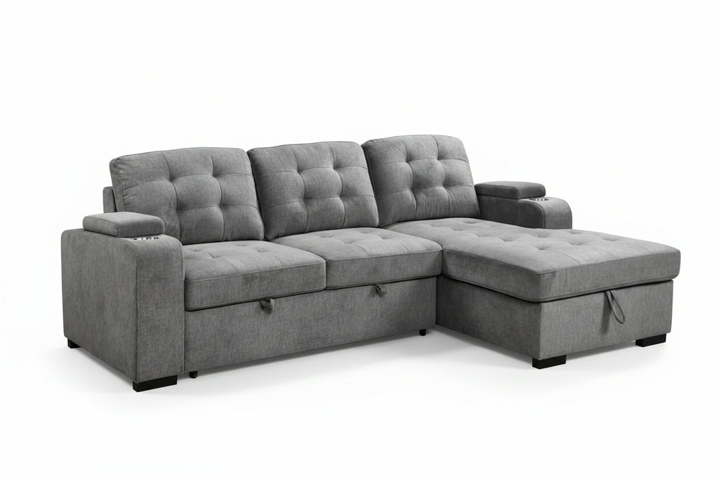 Modern Meuble Divino RHF convertible sectional sofa bed with storage and cup holders, featuring sleek design and plush cushions.