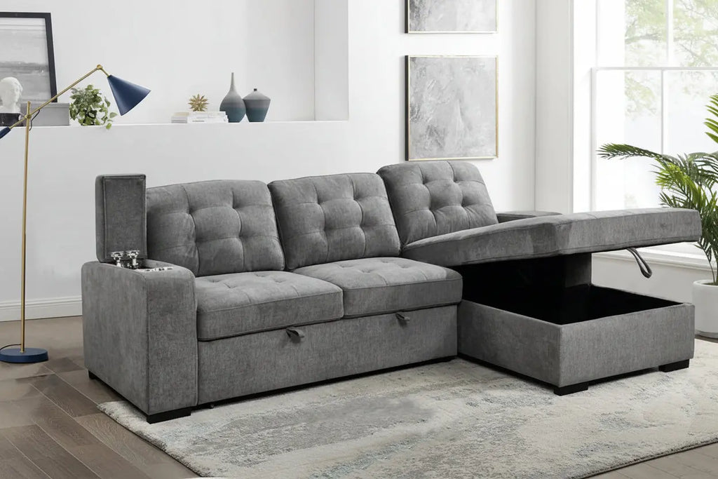 Modern Meuble Divino RHF Convertible Sectional Sofa Bed with storage and cup holders, showing plush seating and sleek design