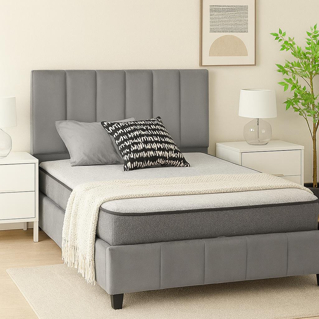 King et queen grey velvet storage bed with tall headboard and lift-up base