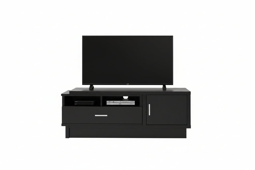 Expandable TV stand by Meuble Divino featuring a sleek design with open shelves and adjustable length for versatile TV placement.