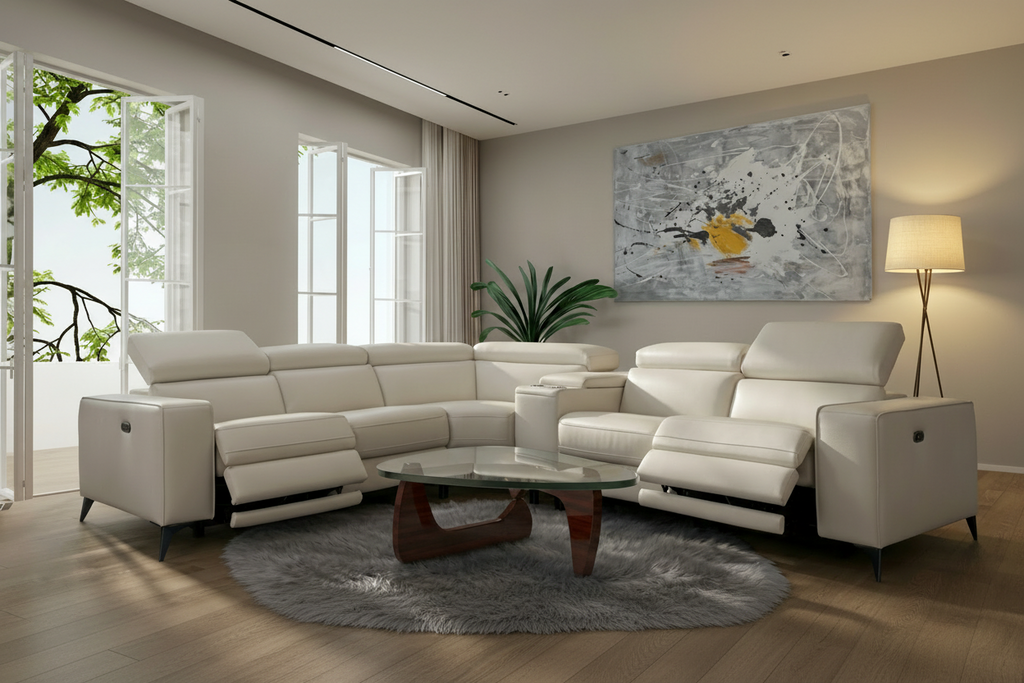 Beige Meuble Divino power reclining sectional sofa with adjustable headrests, showcasing plush cushions and modern design.