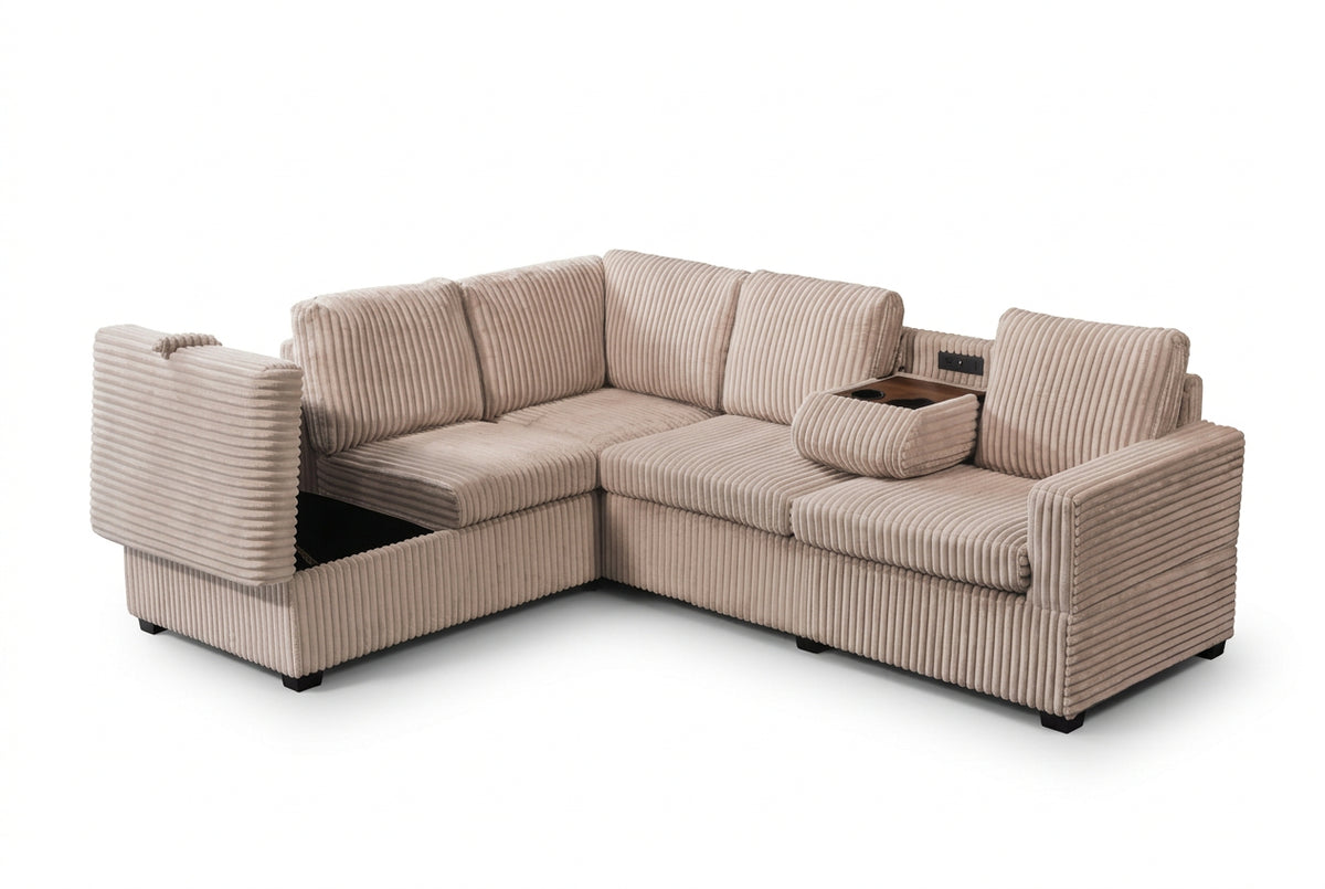 Sillon modular en L de terciopelo beige con chaise longue, consola USB y almacenamiento