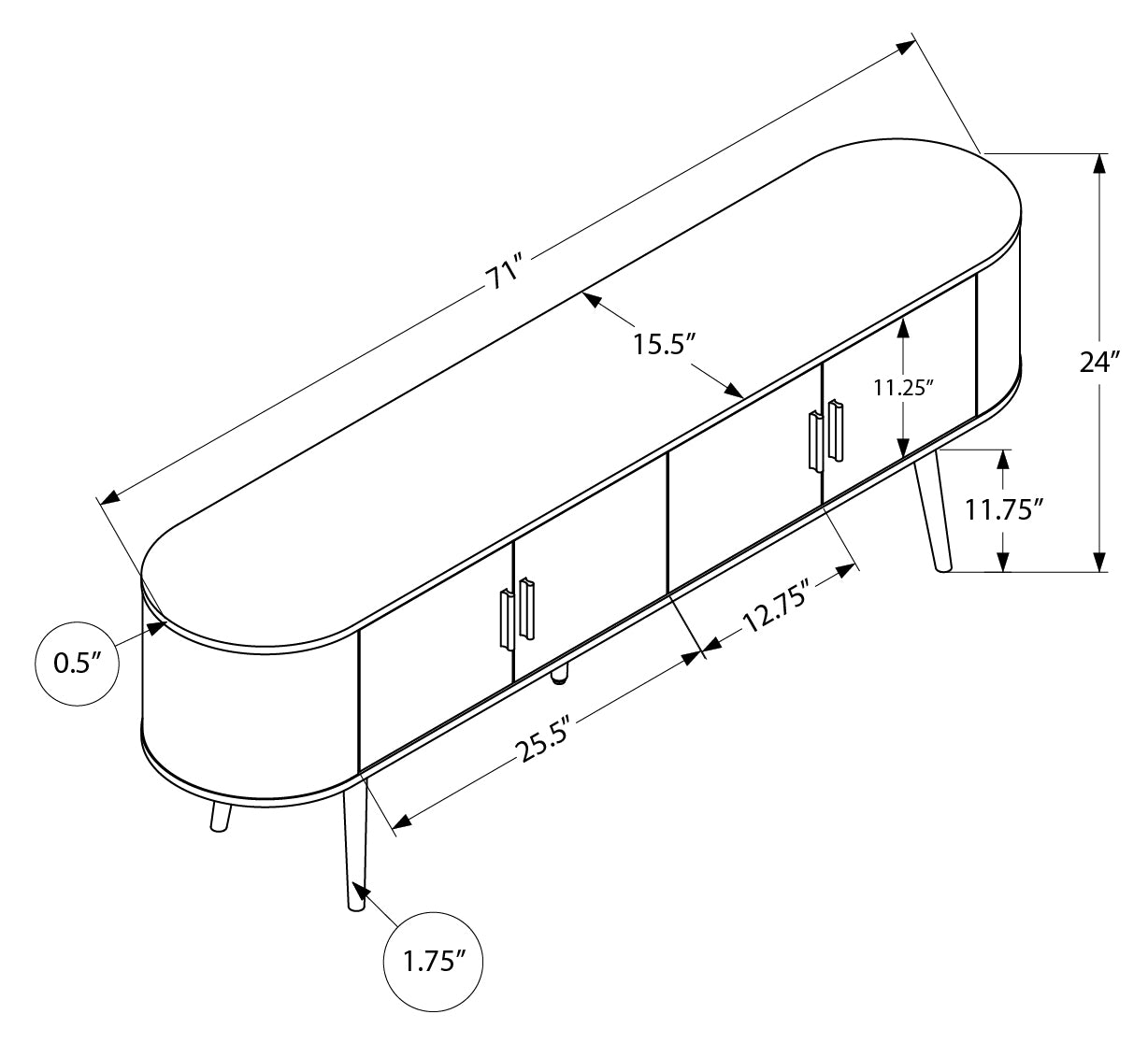 72-inch black and walnut TV stand with 4 doors and mid-century modern design.