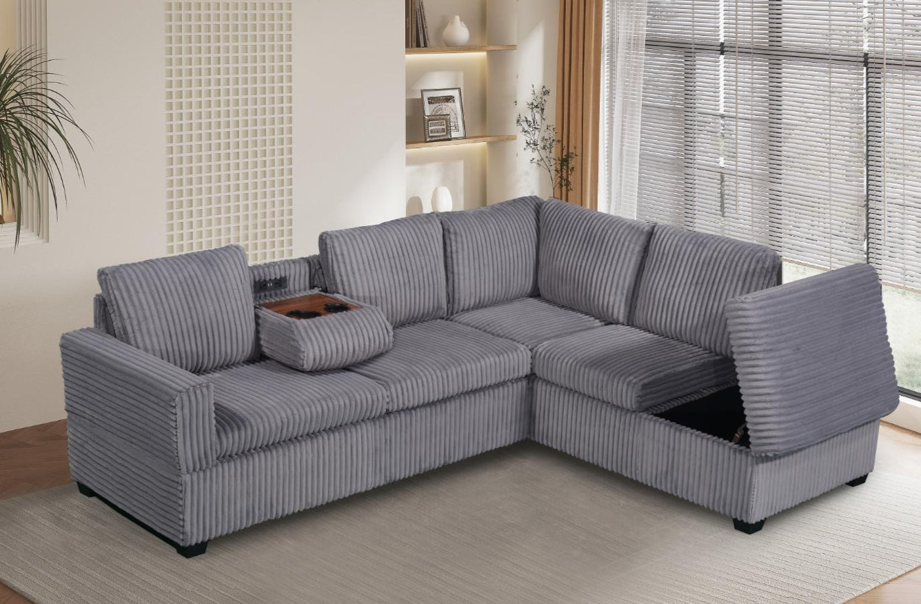 Grey velvet sectional with chaise, USB console, and hidden storage