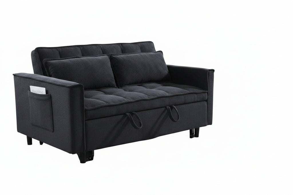 Modern velvet sofa bed by Meuble Divino with pull-out sleeper, storage pockets, and curved backrest for versatile small-space comfort.