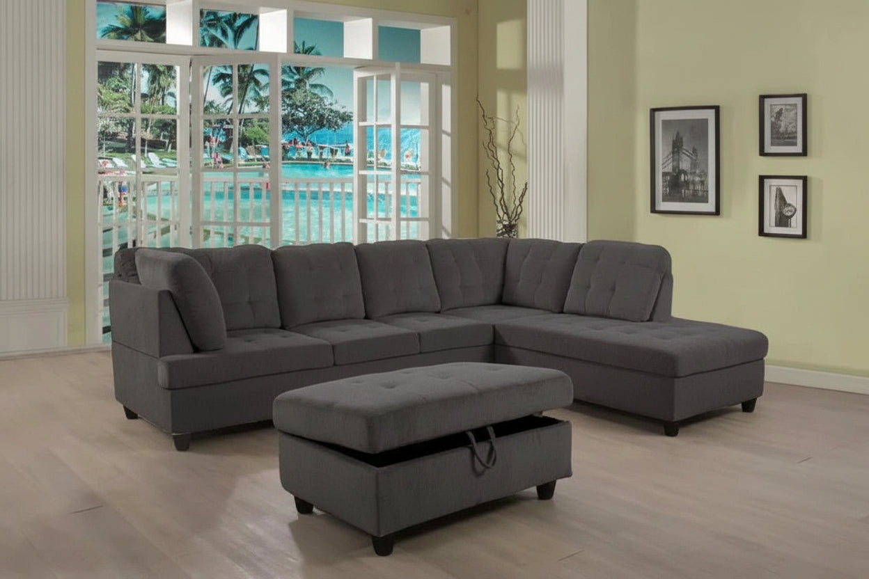 Dark grey sectional with storage ottoman
