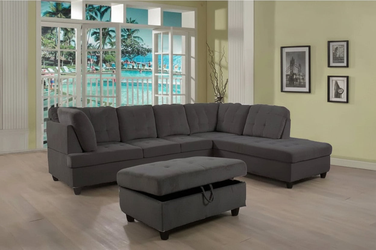 Dark grey sectional with storage ottoman