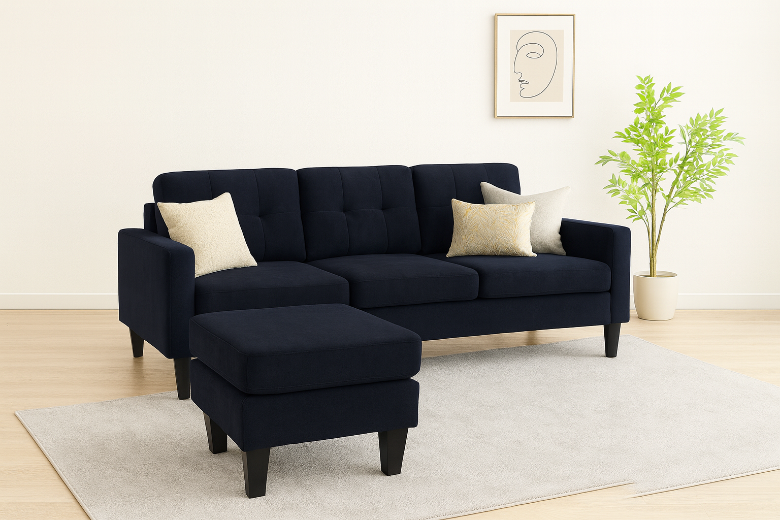 Reversible sectional sofa with floating ottoman and tufted seat cushions