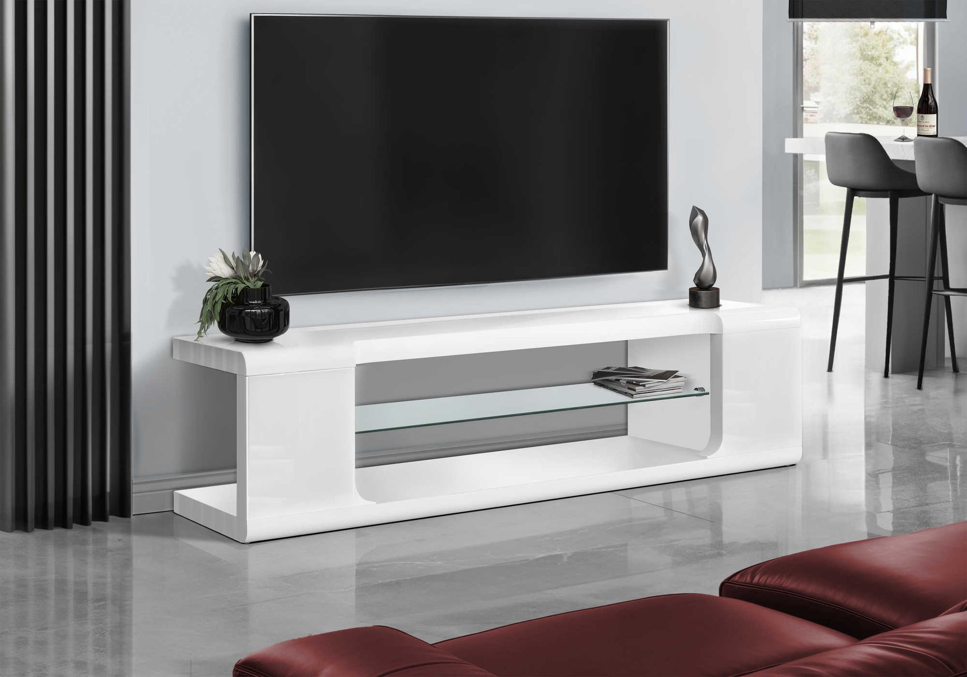 Modern white TV stand with glass shelves